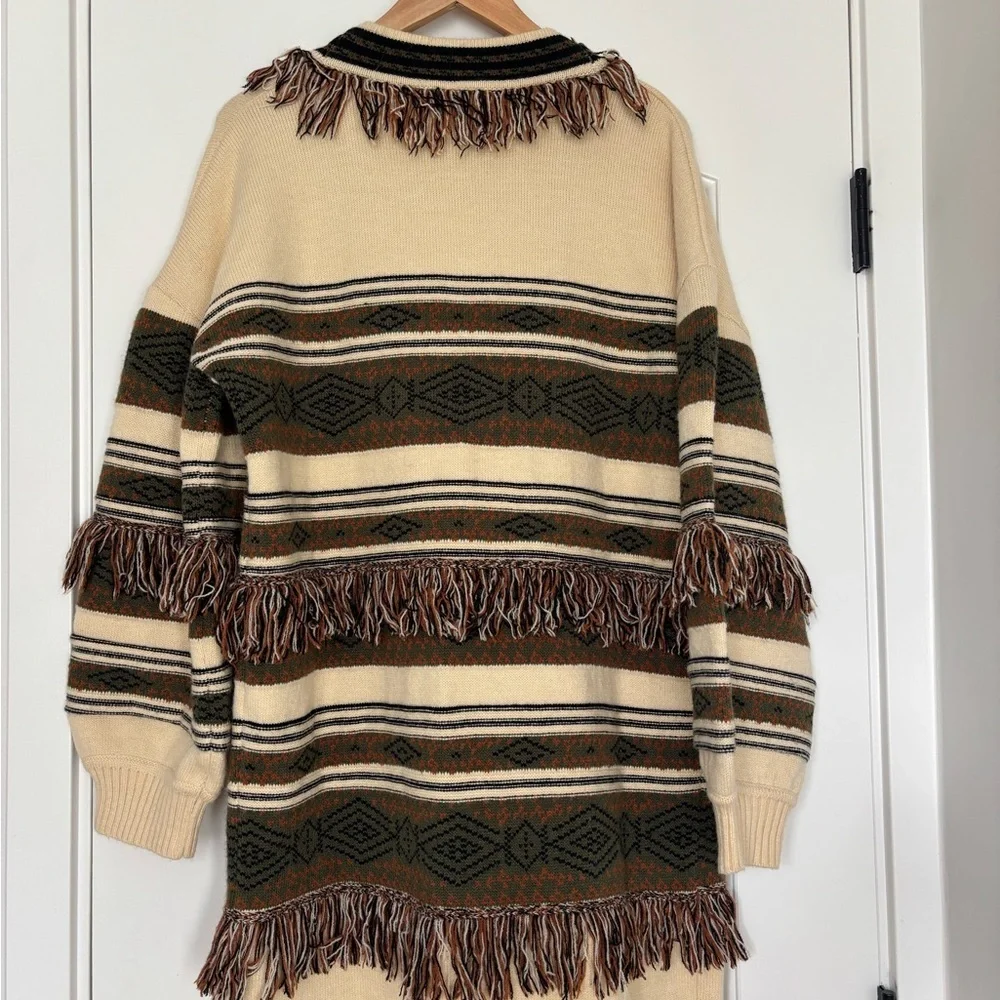 Saints & Hearts Southwestern Fringe Brown Cream Cardigan Duster Boho Aztec M/L - Picture 3 of 9
